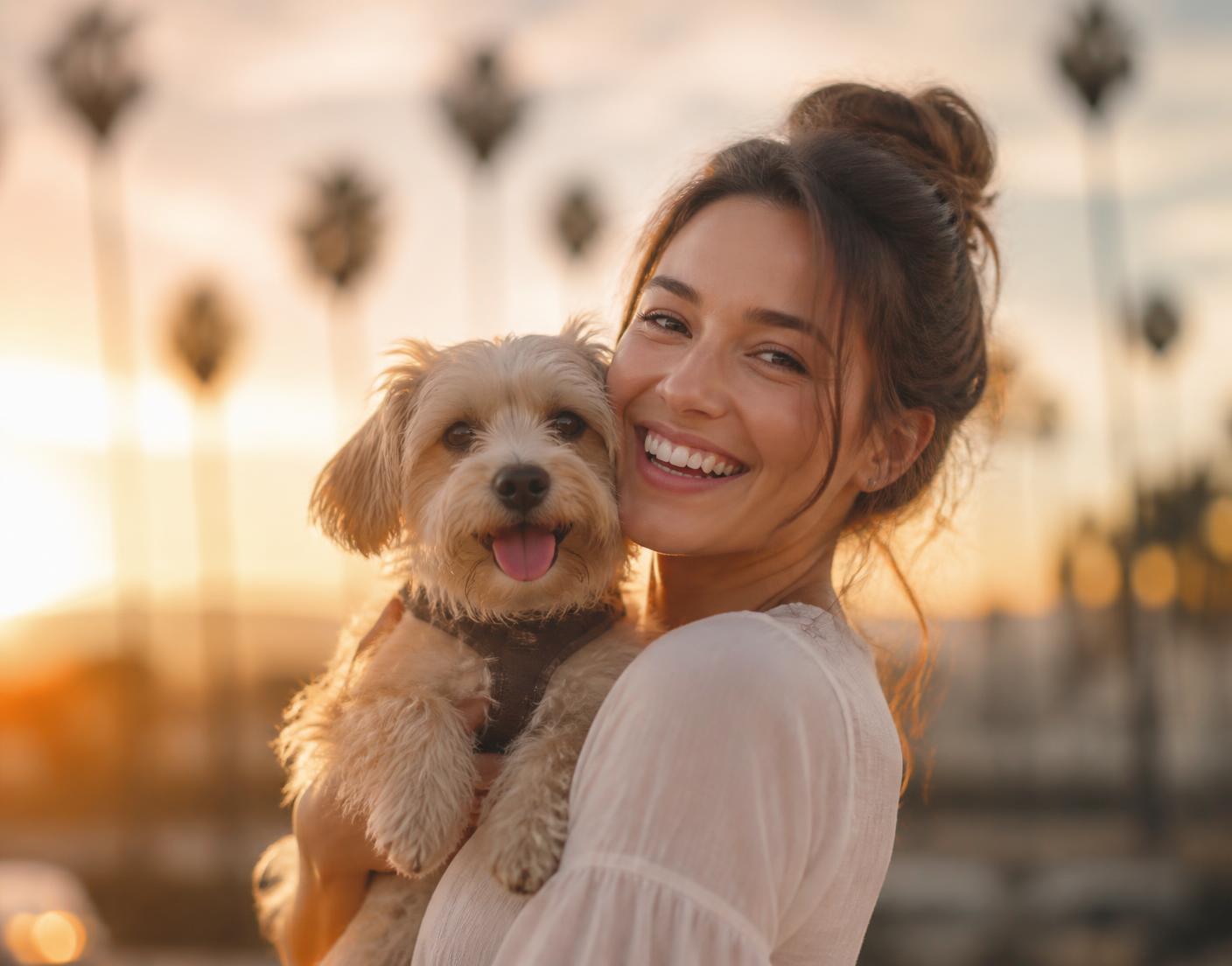 A smiling Los Angeles foster holding a rescue dog at sunset